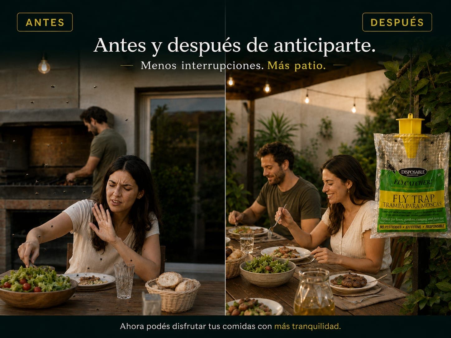 Antes y después: una cena en el patio interrumpida por moscas, y la misma mesa tranquila con una trampa VIREO colgada al costado