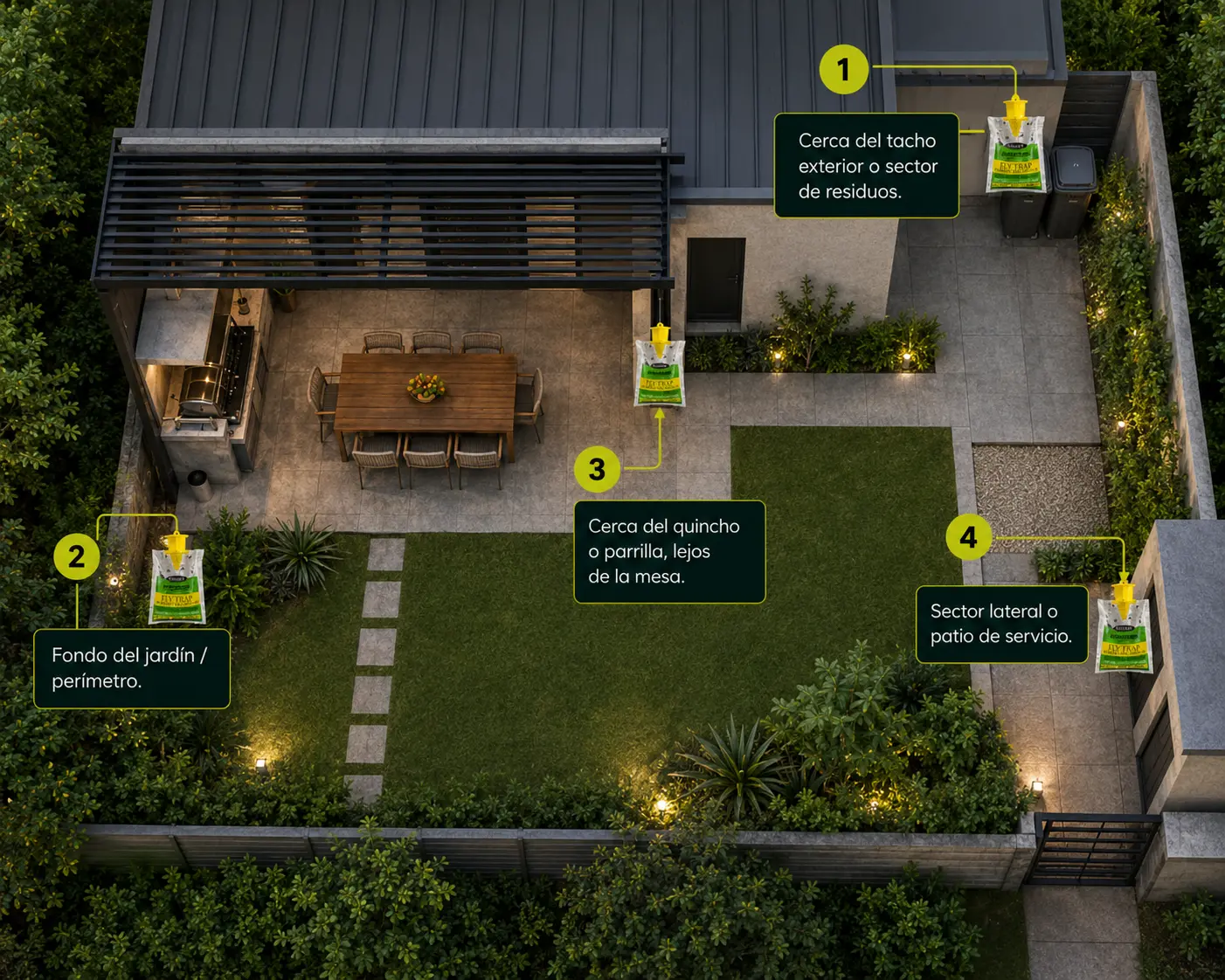 Plano de un patio con las 4 ubicaciones recomendadas para la trampa VIREO